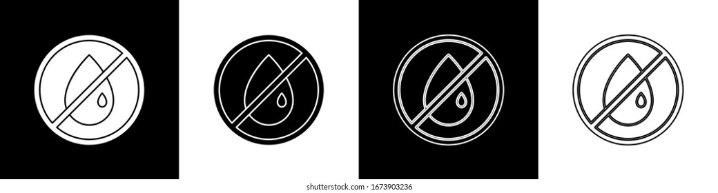 Set No oil drop icon isolated on black and white background.  Vector Illustration