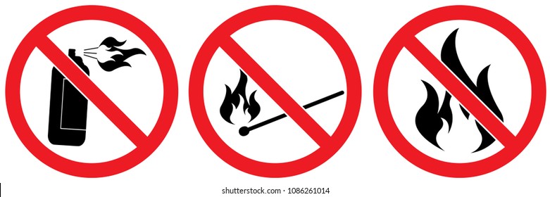 Set No open flame sign. No fire, No access with open flame prohibition sign. Red, black and white vector illustration eps10.
