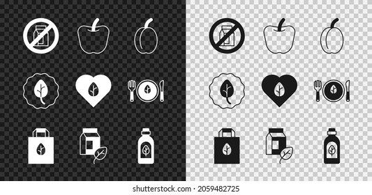 No hay paquete de leche, manzana, fruta de ciruela, bolsa de compras con reciclador, vegan, botella de aceite esencial, hojas o hojas e ícono de dieta alimenticia. Vector