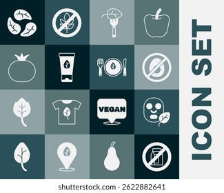 Set No pack of milk, Facial cosmetic mask, meat, Vegan food diet, Organic, Tomato, Leaf or leaves and  icon. Vector