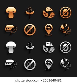 Set No pack of milk, meat, Earth globe and leaf, Vegan food diet, Leaf or leaves, Mushroom and  icon. Vector