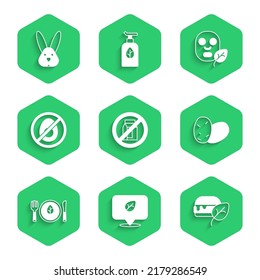Set No pack of milk, Vegan food diet, Potato, meat, Facial cosmetic mask and Animal cruelty free icon. Vector