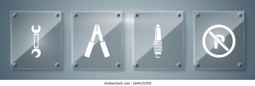 Set No Parking, Car spark plug, Car battery jumper power cable and Wrench. Square glass panels. Vector