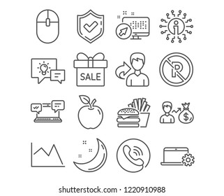 Set of No parking, Computer mouse and Internet chat icons. Burger, Idea lamp and Sallary signs. Sale offer, Notebook service and Line chart symbols. Car parking, Pc equipment. Vector