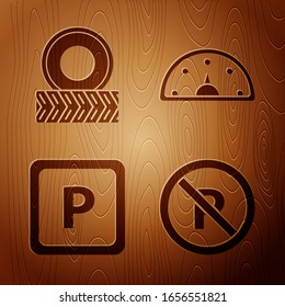 Set No Parking or stopping, Car wheel, Parking and Speedometer on wooden background. Vector