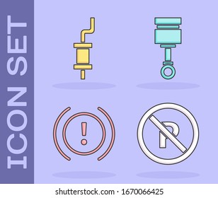 Set No Parking or stopping, Car muffler, Brake system warning and Engine piston icon. Vector