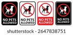 Set of no pets allowed signs with dog silhouette crossed by red ban symbol, clear typography and contrasting backgrounds, ideal for parks, buildings, offices, apartments and public areas.