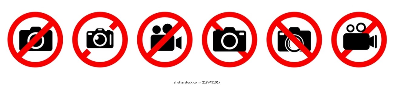 Conjunto de señales vectoriales sin cámara fotográfica. Fotografía prohibida. Grabación de video prohibida. Cartel de prohibición. Vector 10 EPS.