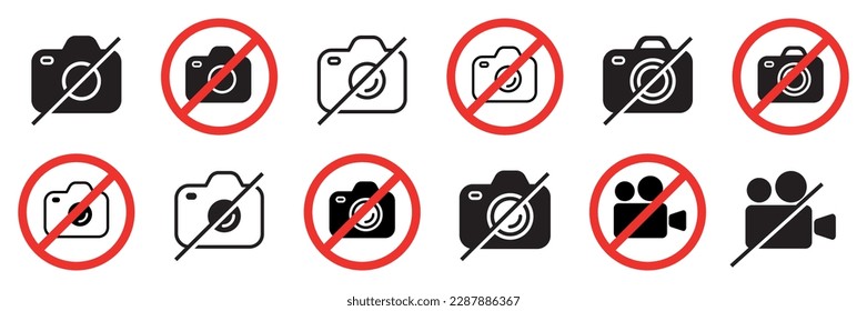 Set of no photographing prohibition and video signs. Photo, video, camera signs in crossed circle. Vector illustration.