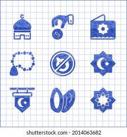 Set No pig, Date fruit, Octagonal star, Star and crescent, Rosary beads religion,  and Muslim Mosque icon. Vector