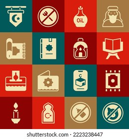 Set No pig, Traditional carpet, Holy book of Koran, Essential oil bottle, Star and crescent and Ramadan Kareem lantern icon. Vector