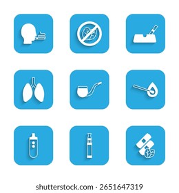 Set No pipe smoking, Electronic cigarette, Medical nicotine patches, Burning match with fire, Lungs, Ashtray and Man icon. Vector