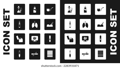 Set No pipe smoking, Lungs, Electronic cigarette, Hookah, Ashtray with, Vape liquid bottle, Cigar and Lighter icon. Vector