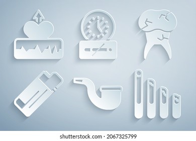 Set No pipe smoking, Tooth with caries, Lighter, Smoking cigarette, time and Heartbeat increase icon. Vector