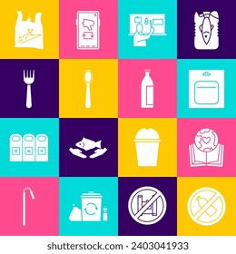 Set No plastic bottle, Earth globe and book, Battery in pack, Stop pollution, Disposable spoon, fork, Dead bird, and Lotion cosmetic tube icon. Vector