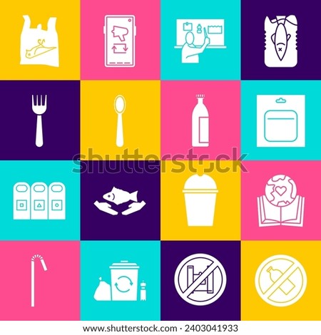 Set No plastic bottle, Earth globe and book, Battery in pack, Stop pollution, Disposable spoon, fork, Dead bird, and Lotion cosmetic tube icon. Vector
