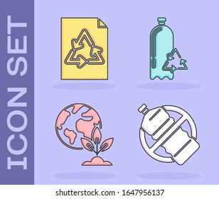 Set No plastic bottle, Paper with recycle, Earth globe and plant and Recycling plastic bottle icon. Vector