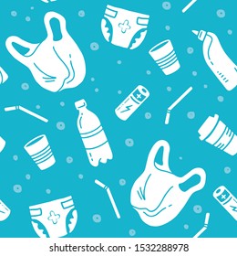 Set No Plastic. Hand Drawn Color Vector Seamless Pattern. Cartoon Characters Diaper; Plastic Bottle; Battery; Plastic Cup, Plastic Tube. Illustration For Wrapping Paper, Textile, Web Background 