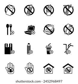 Conjunto de ningún signo de plástico. Guardar la tierra y el concepto de buen medio ambiente. Estilo de iconos de pictograma.