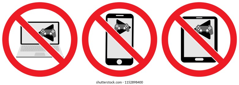 set no play game to tablet ,laptop ,smartphone sign isolated on white background,warning label vector eps 10.
