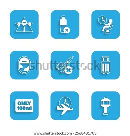Set No scissors, Flight time, Airport control tower, Suitcase, Liquids in carry-on baggage, Airplane window, Human waiting airport terminal and Plane icon. Vector