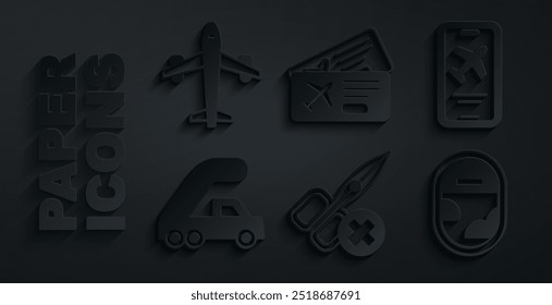 Set No scissors, Mobile with ticket, Passenger ladder for plane boarding, Airplane window, Airline and Plane icon. Vector