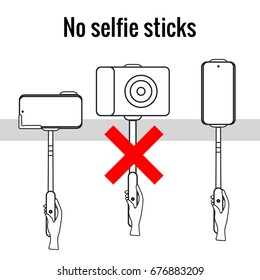 Set NO selfie stick icon.  Black line vector illustration isolated on white background.