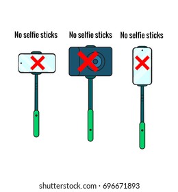 Set NO selfie stick icon.  Black line color vector illustration isolated on white background.