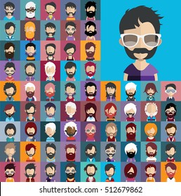 Set of no shave november people with ,hair, beard,mustache in flat style with faces. Vector women, men character.