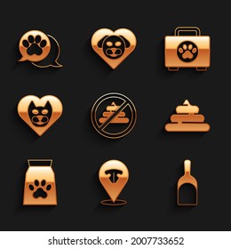 Set No shit, Cat nose, Dustpan, Shit, Bag of food for pet, Heart with cat, Pet first aid kit and Paw print icon. Vector