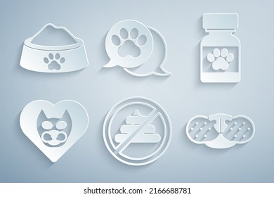 Set No shit, Medicine bottle and pills, Heart with cat, Cat nose, Paw print and Pet food bowl icon. Vector