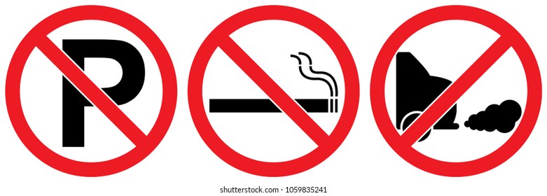 set no sign ,no park , no smoking , no car exhaust isolated on white background,warning label vector eps 10.