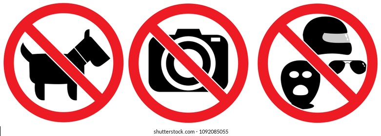 set no sign ,no pet , no camera , no helmet, sunglasses and robber isolated on white background,warning label vector eps 10.