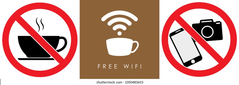 set no sign,food or drink coffee,free wifi,smart phone and camera  isolated on white background,warning label vector eps 10.