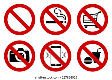 set of "No" signs for different prohibited activities. No smoking, no drinking, no photographing, and other. Vector illustration - you can simply change color and size