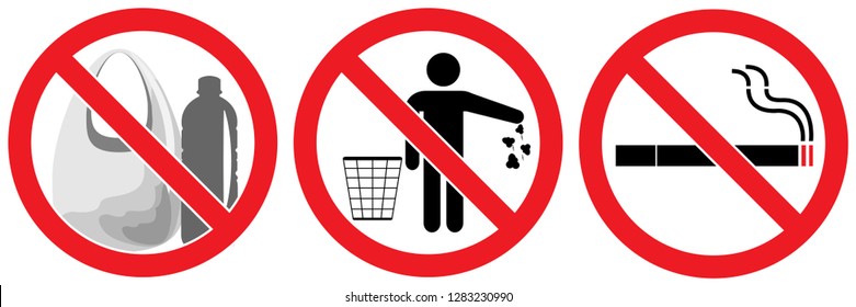 set no signs ,Say no to plastic ,no litter,no smoking isolated on white background,warning label vector eps 10.