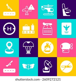 Set No Smoking, Airship, Passport, Helicopter, Conveyor belt with suitcase, landing pad, Plane and  icon. Vector