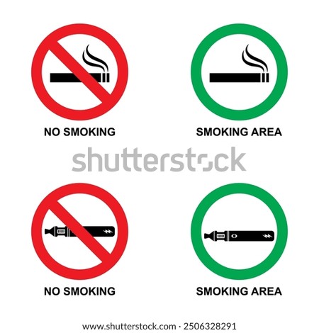 Set of no smoking and smoking area signs with cigarette and e-cigarette (vape) icons. Prohibition and permitted symbols for offices, restaurants, hotels, public places, safety signage, and printable notices.
