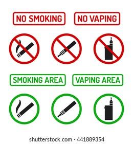 Set of No Smoking and Smoking Area symbols. Cigarettes and vaporizers (electronic cigarettes), text signs.