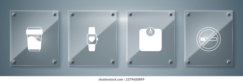 Set No Smoking, Bathroom scales, Smart watch and Glass with water. Square glass panels. Vector