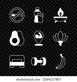 Set No Smoking, Bottle of water with glass, Aroma candle, Big bed, Dumbbell, Banana, Avocado fruit and Bodybuilder muscle icon. Vector