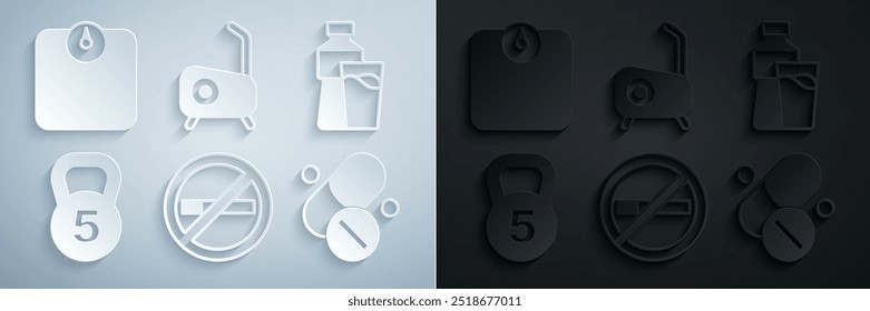 Set No Smoking, Bottle of water with glass, Weight, Vitamin pill, Stationary bicycle and Bathroom scales icon. Vector