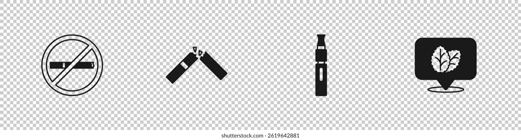 Set No smoking, Broken cigarette, Electronic and Tobacco leaf icon. Vector