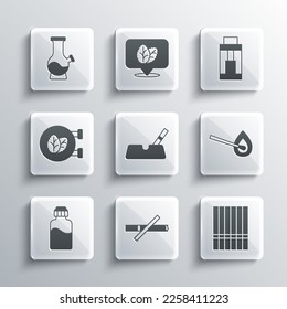 Set No smoking, Cigarette, Burning match with fire, Ashtray cigarette, Vape liquid bottle, Tobacco leaf shop, Bong and mod device icon. Vector