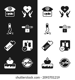 Establecer No fumar, Cigarrillo trasero, Hipnosis, Corazón con cruz, Encendedor, Diagnóstico de rayos X de pulmones e Icono de aumento de latido cardiaco. Vector