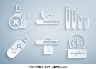 Establecer No fumar, cigarrillo de fumar, electrónico, tiempo, enfermedad cardíaca con e icono electrónico. Vector