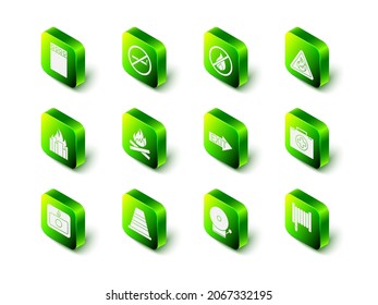 Set No Smoking, fire, Fire flame triangle, First aid kit, hose reel, exit, Ringing alarm bell and Traffic cone icon. Vector