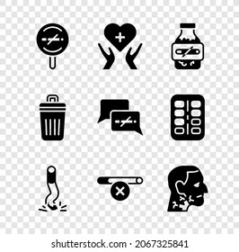 Set No smoking, Heart with cross, Nicotine gum blister pack, Cigarette butt, Throat cancer, Trash and  icon. Vector