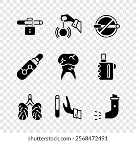 Set No smoking, Hypnosis, Disease lungs, Giving up cigarette, Inhaler, Electronic and Tooth with caries icon. Vector