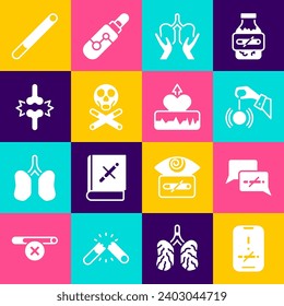 Set No smoking, Hypnosis, Lungs, Bones and skull, Joint pain, knee pain, Cigarette and Heartbeat increase icon. Vector